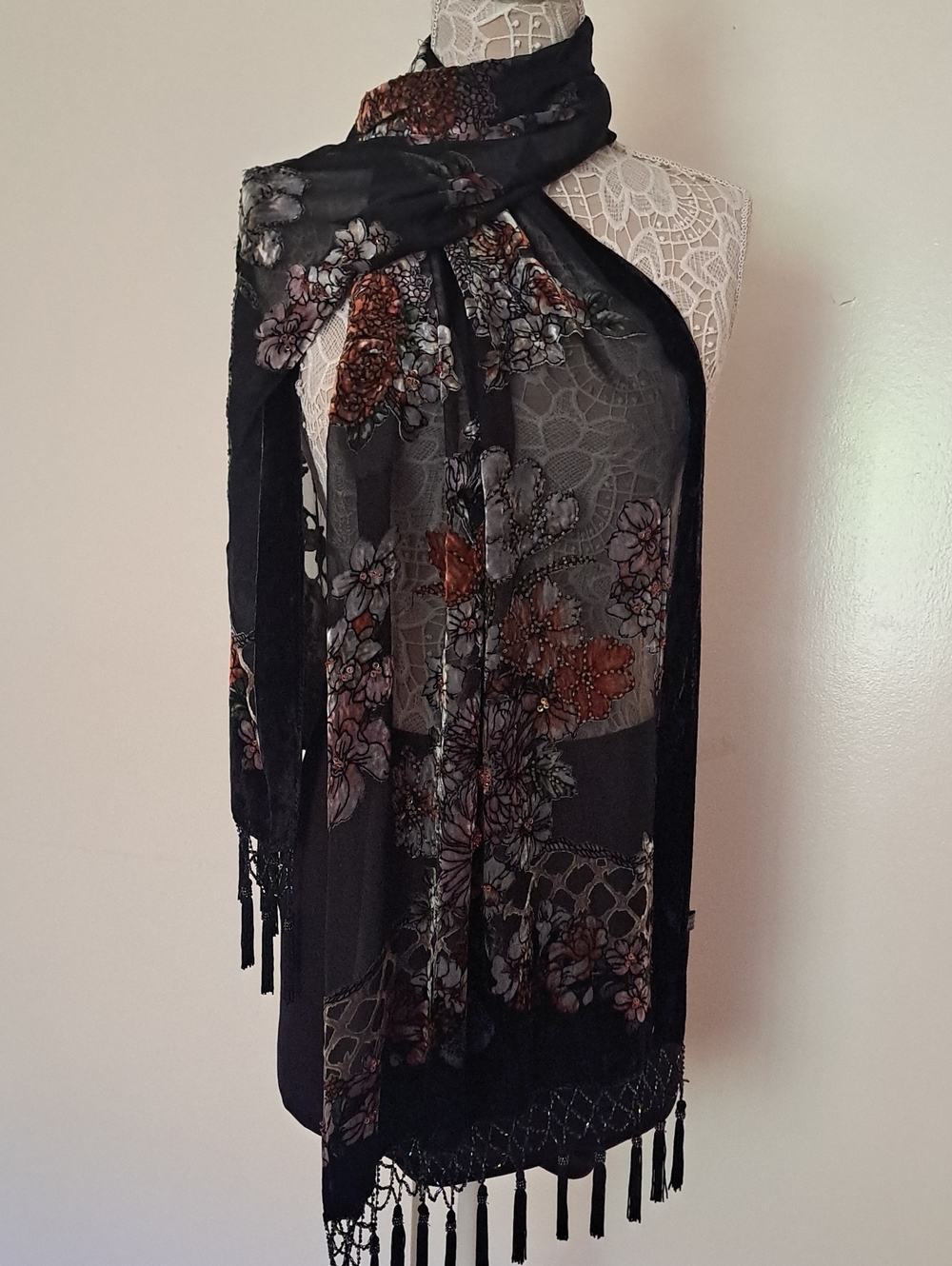 Vintage Black Sheer Floral Scarf with Fringe 100% Silk